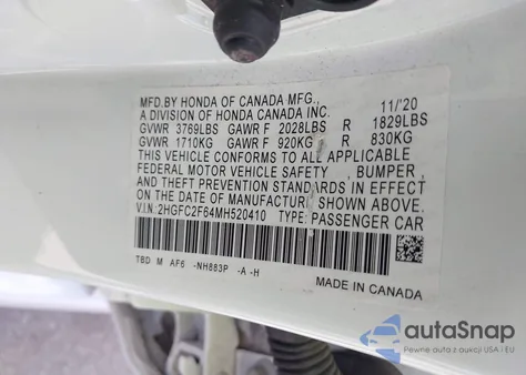 2021 Honda Civic Lx из США, поврежденный, VIN 2HGFC2F64MH520410